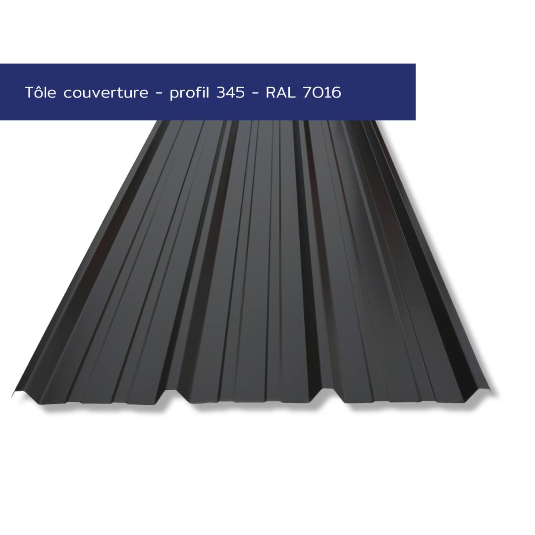 Tôle de couverture nervurée – Profil 345 – Acier prélaqué couleur gris anthracite – Prix direct fabricant