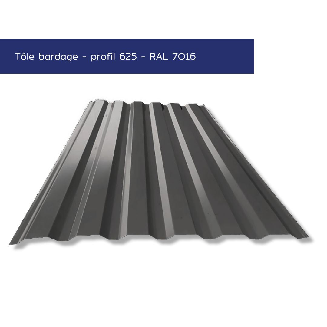 Tôle de bardage nervurée – Profil 625 – Acier prélaqué couleur gris anthracite – Prix direct fabricant