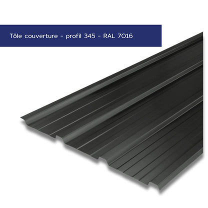 Tôle de couverture nervurée – Profil 345 – Acier prélaqué couleur gris anthracite – Prix direct fabricant