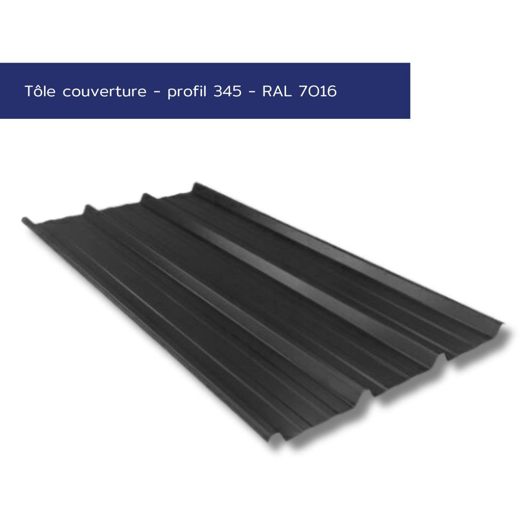 Tôle de couverture nervurée – Profil 345 – Acier prélaqué couleur gris anthracite – Prix direct fabricant