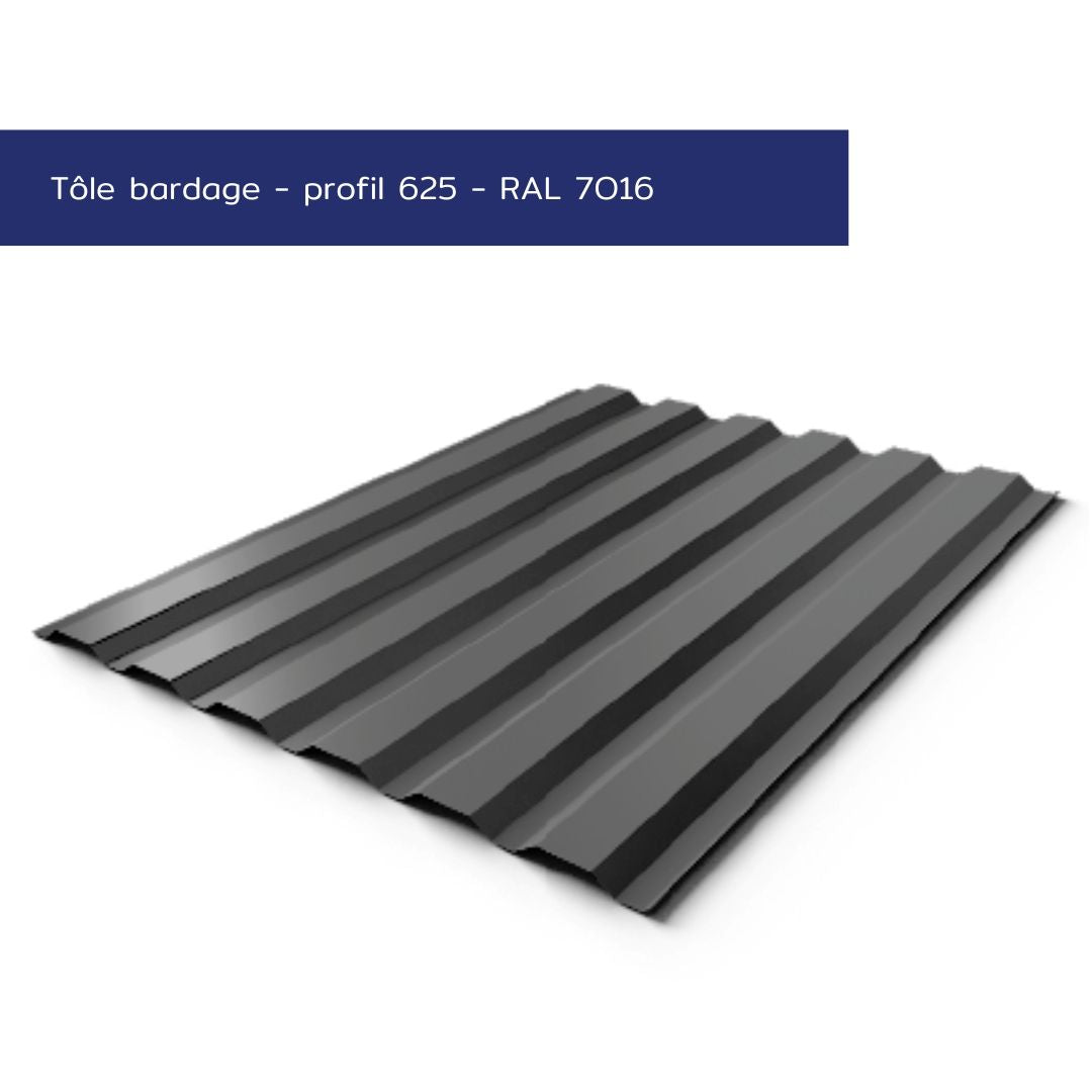 Tôle de bardage nervurée – Profil 625 – Acier prélaqué couleur gris anthracite – Prix direct fabricant